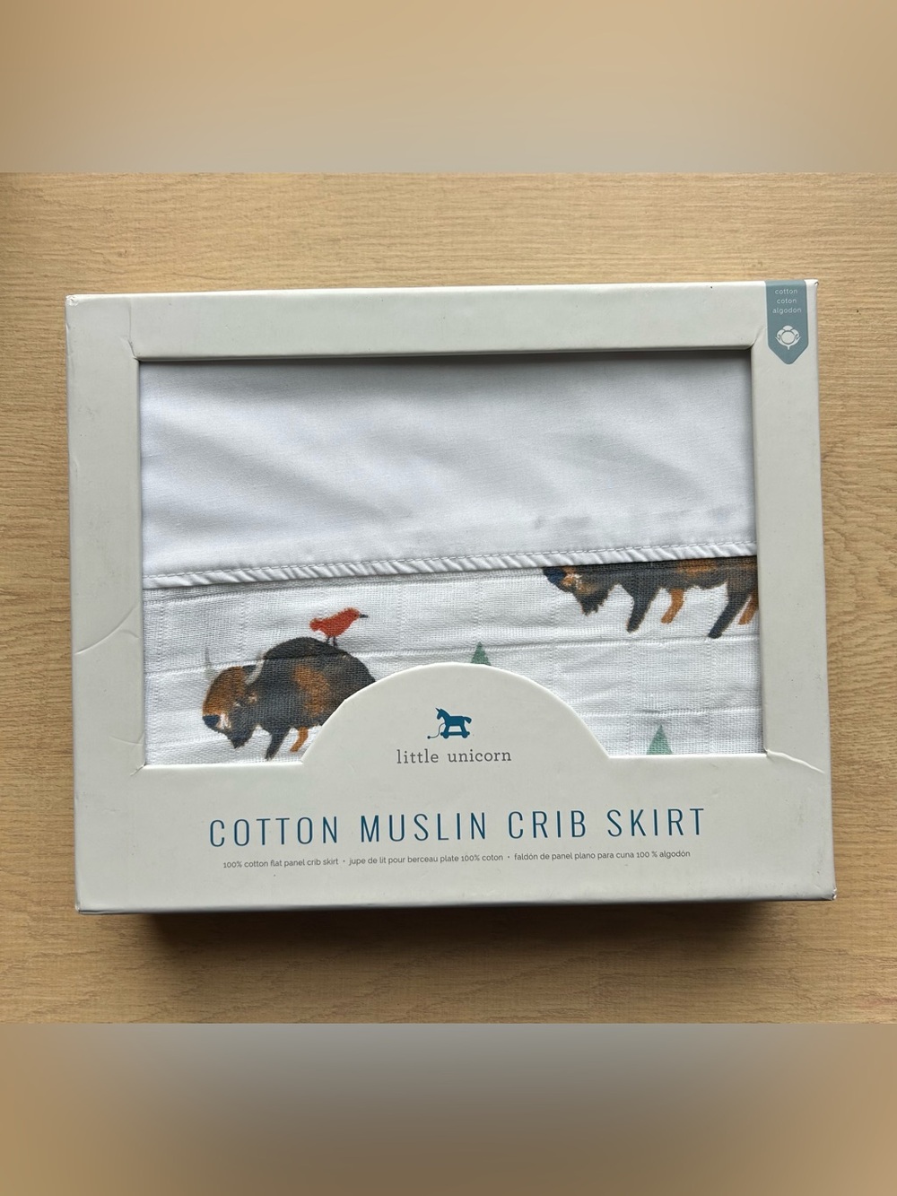 Cotton Muslin Crib Skirt in White with Buffalo Print